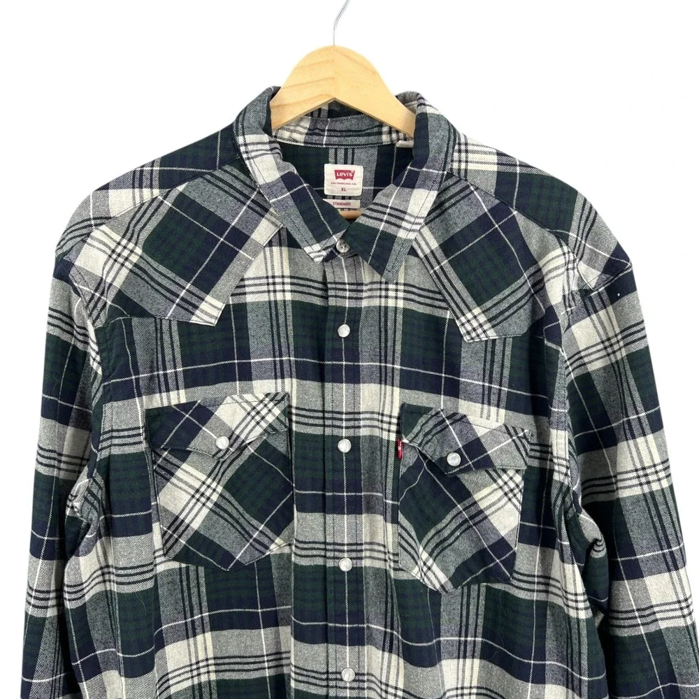 Levi's Plaid Flannel Snap‎ Shirt Blue Green White Men's XL Long Sleeve Western